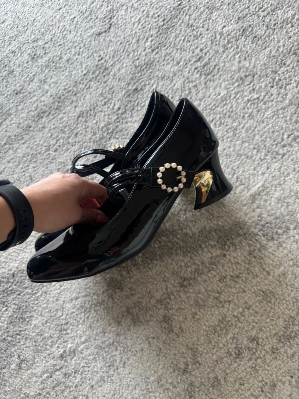 Women’s Black Patent Mary Jane Heels with Pearl Buckle
